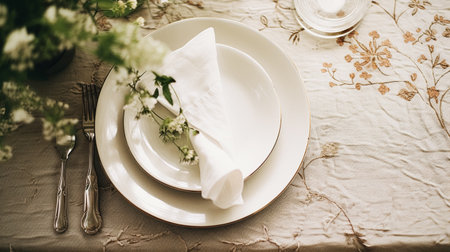 Table decor, holiday tablescape and dinner table setting in countryside garden, formal event decoration for wedding, family celebration, English country and home styling inspirationの素材