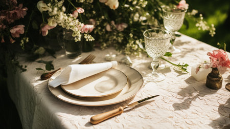 Table decor, holiday tablescape and dinner table setting in countryside garden, formal event decoration for wedding, family celebration, English country and home styling inspirationの素材