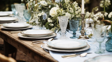 Table decor, holiday tablescape and dinner table setting in countryside garden, formal event decoration for wedding, family celebration, English country and home styling inspirationの素材