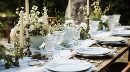 Table decor, holiday tablescape and dinner table setting in countryside garden, formal event decoration for wedding, family celebration, English country and home styling inspirationの素材