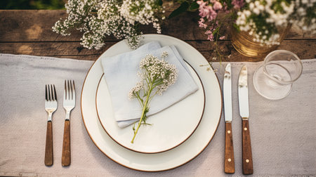 Table decor, holiday tablescape and dinner table setting in countryside garden, formal event decoration for wedding, family celebration, English country and home styling inspirationの素材