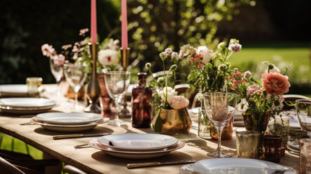 Table decor, holiday tablescape and dinner table setting in countryside garden, formal event decoration for wedding, family celebration, English country and home styling inspirationの素材