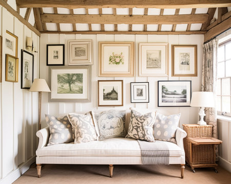 Living room gallery wall, home decor and wall art, framed art in the English country cottage interior, room for diy printable artwork mockup and print shop ideaの素材