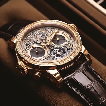 Luxury mens watch commercial concept, bespoke gold design on dark background, holiday gift ideaの素材