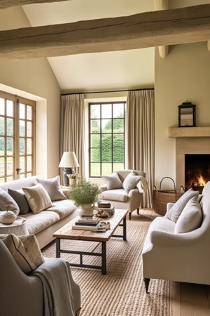 Cottage living room decor, sitting room and interior design, antique furniture, sofa and home decor in English country house and elegant farmhouse style ideaの素材