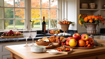 Autumnal kitchen decor, interior design and house decoration, classic English kitchen decorated for autumn season in a country house, elegant cottage style ideaの素材