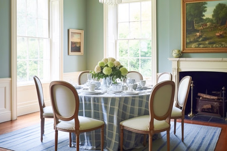 Dining room decor, interior design and house improvement, elegant table with chairs, furniture and classic blue home decor, country cottage style ideaの素材
