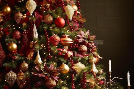 Christmas tree with classic ornaments and decorations, English country house and cottage style, Merry Christmas and Happy Holidays wishes, post-processed, generative aiの素材