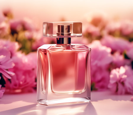 Luxurious floral scent, fragrance bottle and pink flowers, perfume commercial in flower garden, bespoke perfumery and beauty product sale, post-processed, generative aiの素材