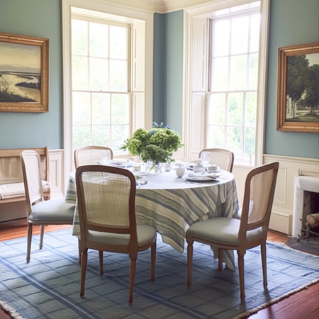 Dining room decor, interior design and house improvement, elegant table with chairs, furniture and classic blue home decor, country cottage style ideaの素材