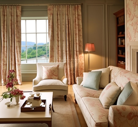 Beautiful lounge decor, sitting room and interior design, living room furniture, sofa, curtains and home decor in English country house and elegant cottage style, post-processed, generative aiの素材