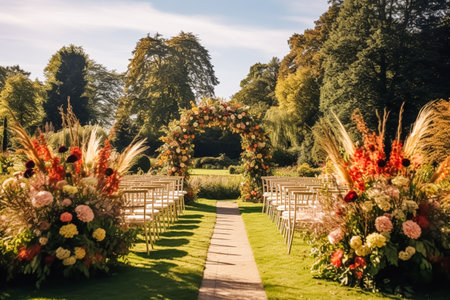 Wedding aisle, floral decor and marriage ceremony, autumnal flowers and decoration in the English countryside garden, autumn country style ideaの素材