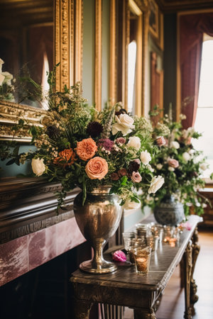 Floral decoration, wedding decor and autumn holiday celebration, autumnal flowers and event decorations in the English countryside mansion estate, country style ideaの素材