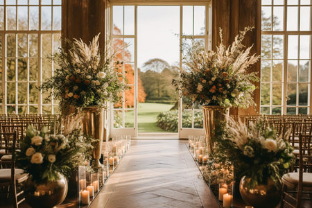Wedding aisle, floral decor and marriage ceremony, autumnal flowers and venue decoration in the English countryside estate mansion, autumn country style ideaの素材