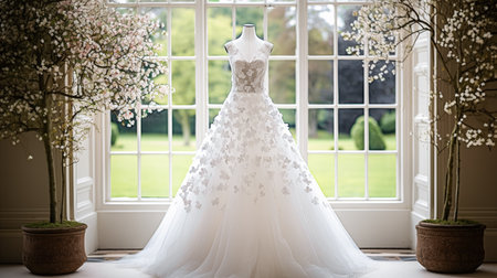 Wedding drees, bridal gown style and bespoke fashion, full-legth white tailored ball gown in showroom, tailor fitting, beauty and wedding inspirationの素材