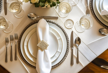 Elegant dinner table setting arrangement in English country style as flatlay tablescape, folded napkin on a serving plate, tableware and holiday table decor, post-processed, generative aiの素材