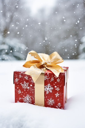 Christmas holiday gift and present, gift box in the snow in snowfall winter countryside nature for boxing day, holidays shopping sale ideaの素材