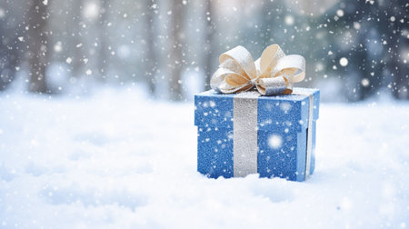 Christmas holiday gift and present, gift box in the snow in snowfall winter countryside nature for boxing day, holidays shopping sale ideaの素材