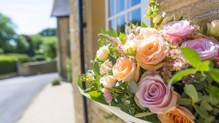Flower shop delivery and holiday gift postal service, beautiful bouquet of flowers on a house doorstep in the countryside, post-processed, generative aiの素材