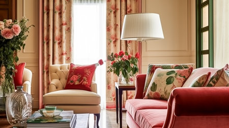 Bright pink lounge room decor, interior design and house improvement, living room furniture, sofa and home decor, country cottage style, post-processed, generative aiの素材