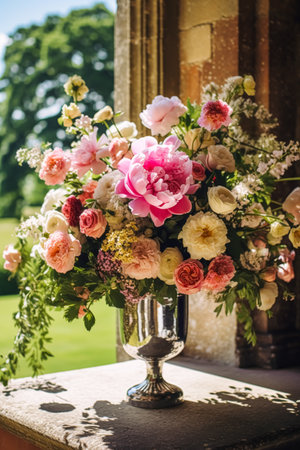 Country life, garden and floral decor, peony flowers bouquet in the countryside, country cottage style, post-processed, generative aiの素材