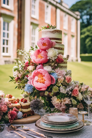 Wedding cake with floral decor, party celebration and holiday dessert catering in a country garden, post-processed, generative aiの素材