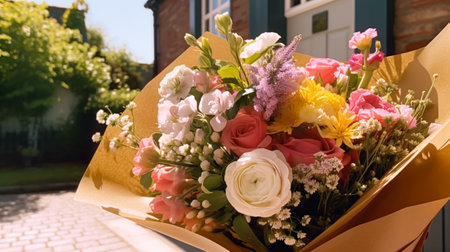 Flower shop delivery and holiday gift postal service, beautiful bouquet of flowers on a house doorstep in the countryside, post-processed, generative aiの素材