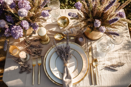 Wedding tablescape, elegant formal dinner table setting, table scape with lavender decoration for holiday party event celebration, post-processed, generative aiの素材