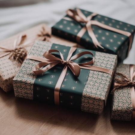 Holiday gifts and presents, country cottage style gift boxes for birthday, Christmas, boxing day, wedding and holidays shopping, post-processed, generative aiの素材