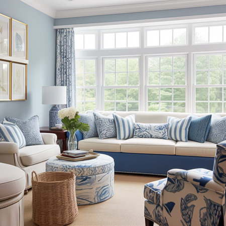 Interior design, living room decor and house improvement, furniture, sofa, home decor, white and blue textiles, country cottage lounge style, post-processed, generative aiの素材