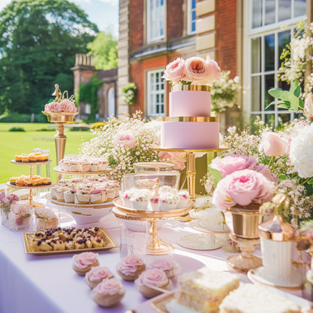 Wedding cake with floral decor, party celebration and holiday dessert catering in a country garden, post-processed, generative aiの素材