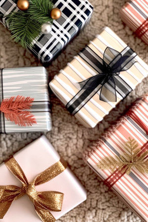 Holiday gifts and presents, country cottage rustic style gift boxes for Christmas, boxing day and holidays shopping flatlay, post-processed, generative aiの素材