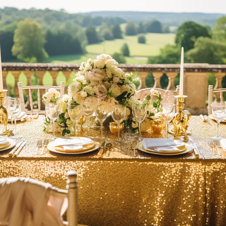Holiday tablescape, golden formal dinner table setting, table scape with gold decoration for wedding party and event celebration, post-processed, generative aiの素材