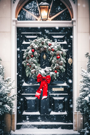 Christmas holiday, country cottage and snowing winter, wreath decoration on a door, Merry Christmas and Happy Holidays wishes, post-processed, generative aiの素材