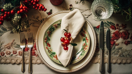 Christmas table decor, holiday tablescape and dinner table setting, formal event decoration for New Year, family celebration, English country and home styling inspirationの素材