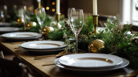 Christmas table decor, holiday tablescape and dinner table setting, formal event decoration for New Year, family celebration, English country and home styling inspirationの素材