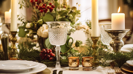 Christmas table decor, holiday tablescape and dinner table setting, formal event decoration for New Year, family celebration, English country and home styling inspirationの素材