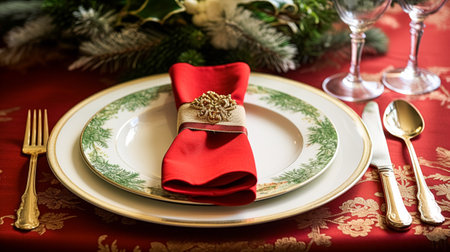 Christmas table decor, holiday tablescape and dinner table setting, formal event decoration for New Year, family celebration, English country and home styling inspirationの素材