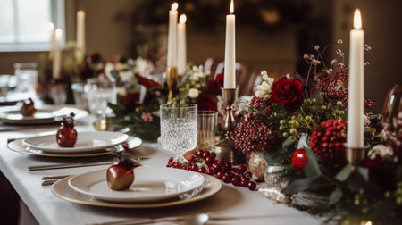 Christmas table decor, holiday tablescape and dinner table setting, formal event decoration for New Year, family celebration, English country and home styling inspirationの素材