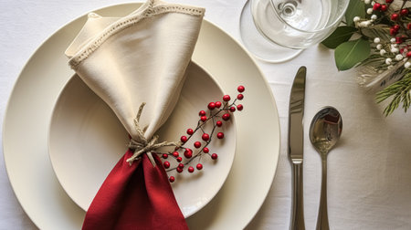 Christmas table decor, holiday tablescape and dinner table setting, formal event decoration for New Year, family celebration, English country and home styling inspirationの素材