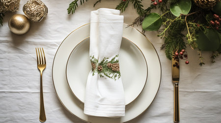 Christmas table decor, holiday tablescape and dinner table setting, formal event decoration for New Year, family celebration, English country and home styling inspirationの素材