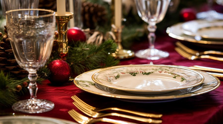 Christmas table decor, holiday tablescape and dinner table setting, formal event decoration for New Year, family celebration, English country and home styling inspirationの素材