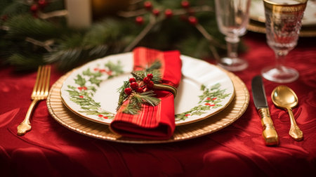 Christmas table decor, holiday tablescape and dinner table setting, formal event decoration for New Year, family celebration, English country and home styling inspirationの素材