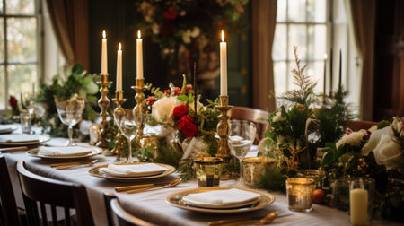 Christmas table decor, holiday tablescape and dinner table setting, formal event decoration for New Year, family celebration, English country and home styling inspirationの素材