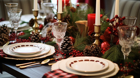 Christmas table decor, holiday tablescape and dinner table setting, formal event decoration for New Year, family celebration, English country and home styling inspirationの素材