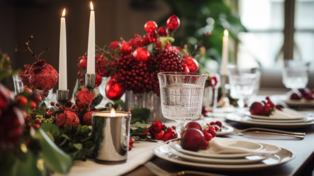 Christmas table decor, holiday tablescape and dinner table setting, formal event decoration for New Year, family celebration, English country and home styling inspirationの素材