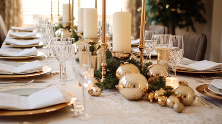 Christmas table decor, holiday tablescape and dinner table setting, formal event decoration for New Year, family celebration, English country and home styling inspirationの素材