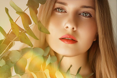 Beauty, makeup and hairstyle, face portrait of beautiful woman with green leaves branch, red lipstick makeup for skincare cosmetics and fashion look ideaの写真素材