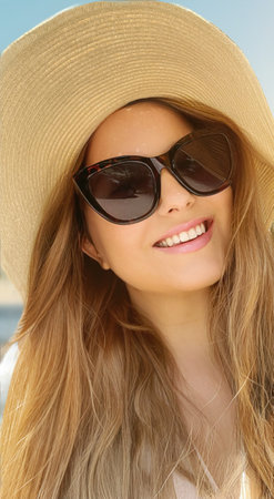 Beauty, summer holiday and fashion, face portrait of happy woman wearing hat and sunglasses by the sea, for sunscreen spf cosmetics and beach lifestyle look ideaの写真素材