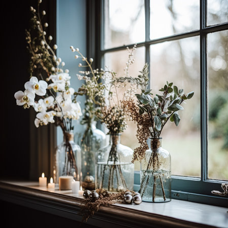 Beautiful floral arrangement with winter, autumn or early spring botanical plants and flowersの素材